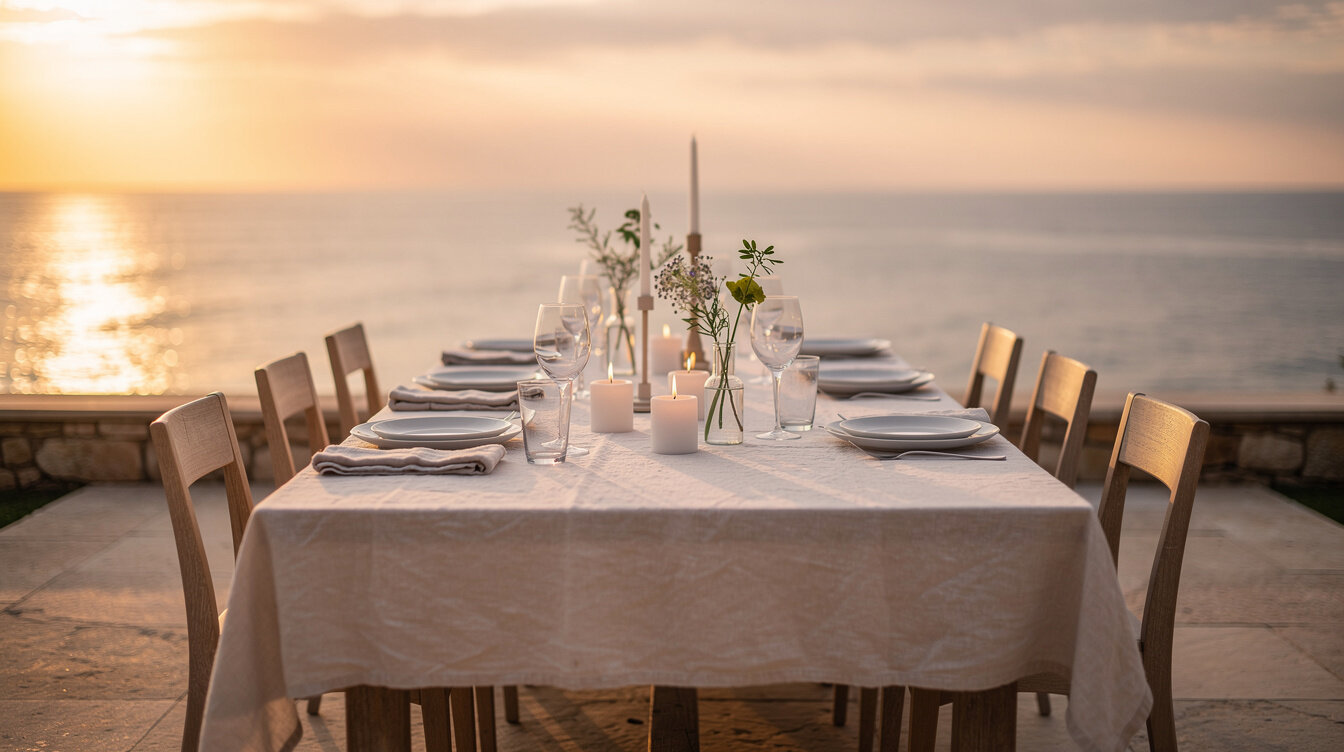 Outdoor terrace dining table overlooking the ocean at sunset
