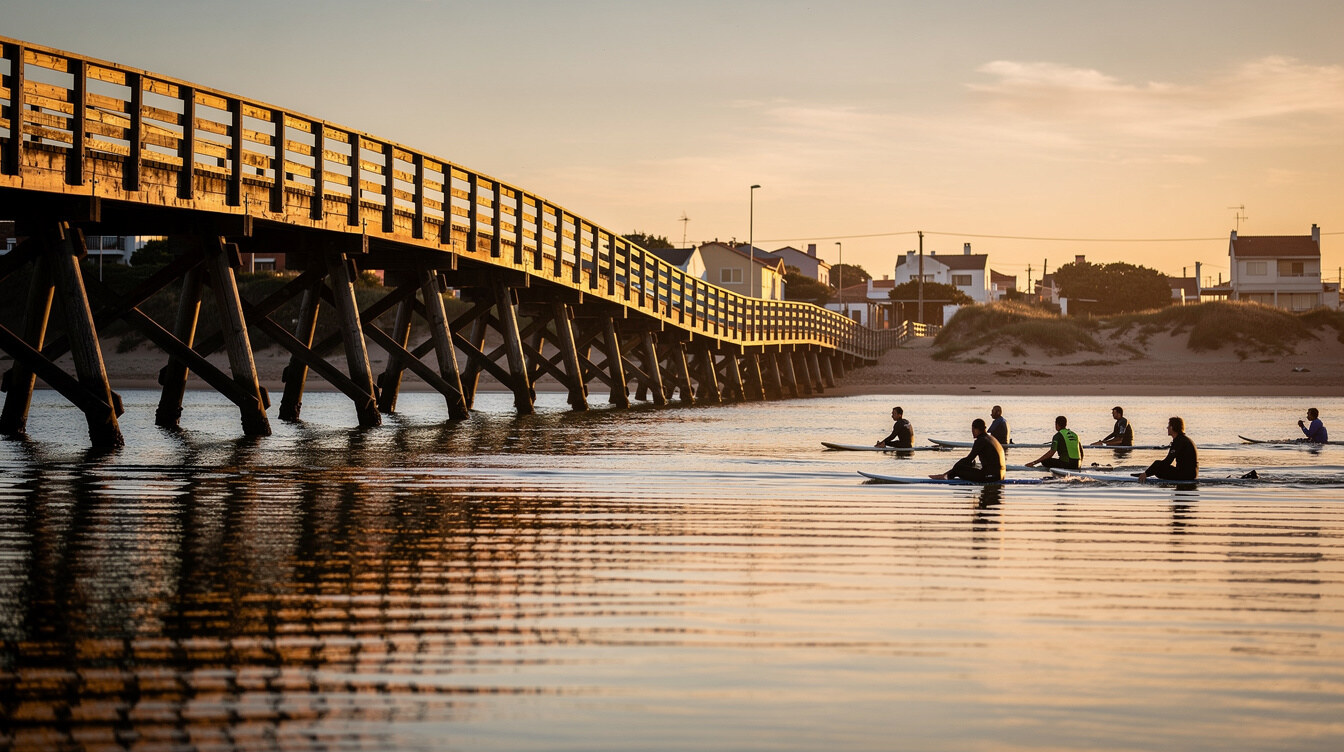 Wooden bridge over La Barra river at sunset