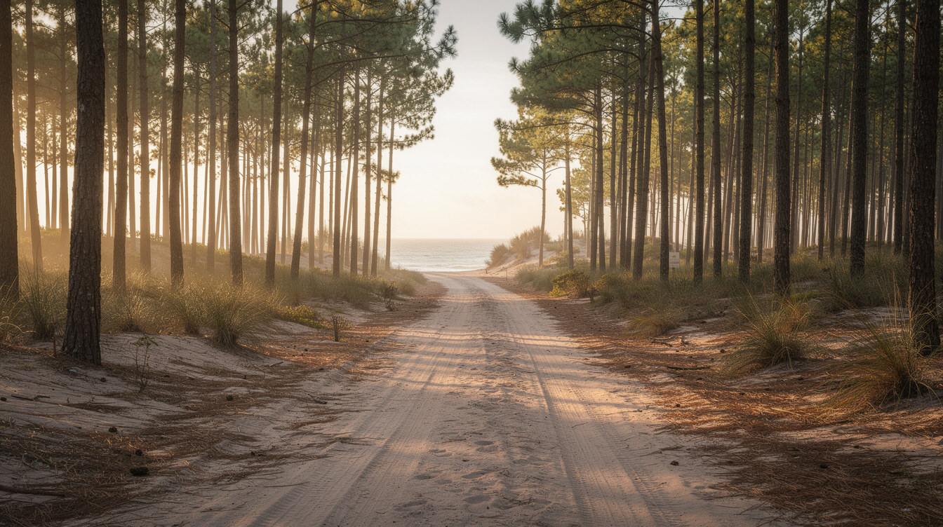 Pine forest road leading to the coast in Manantiales